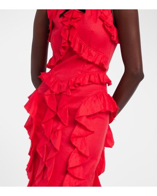 ShuShu/Tong Red Bow-Detail Ruffled Linen Midi Dress