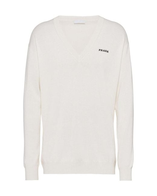 Prada White Long-Sleeved V-Neck Jumper for men