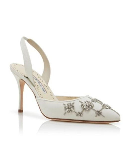 Manolo Blahnik White Cream Crepe De Chine Slingback Pumps