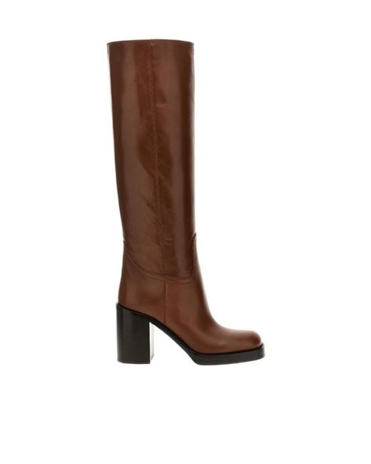Prada Brown Knee-High Square Toe Boots