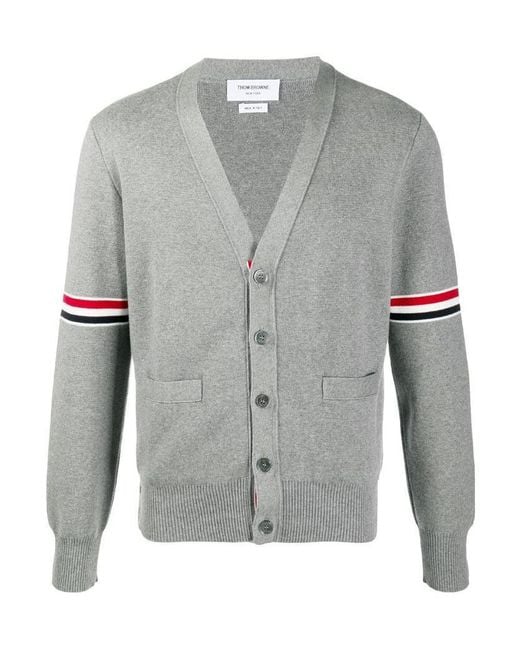 Thom Browne Gray Bar Stripe V-Neck Cardigan for men