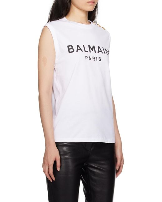 Balmain White Logo Printed Tank Top