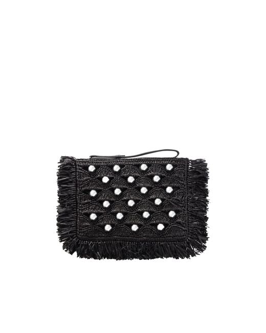 Rabanne Black Pearl-Embellished Fringed Small Clutch Bag