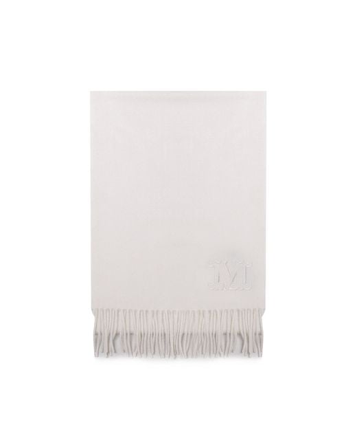Max Mara White Logo Embroidered Fringed Edge Scarf