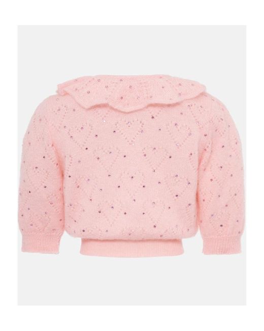 Alessandra Rich Pink Embellished Short Puff Sleeved Knitted Top