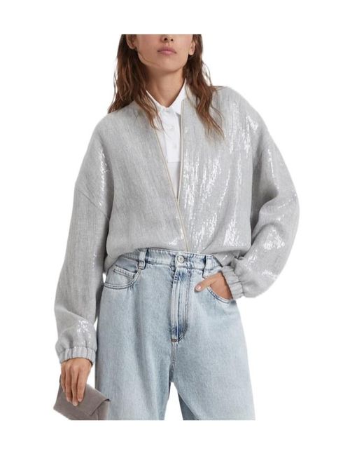 Brunello Cucinelli Gray Sequin-Embellished Zip-Up Jacket