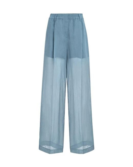 Brunello Cucinelli Blue Cotton Organza Wide-Leg Trousers