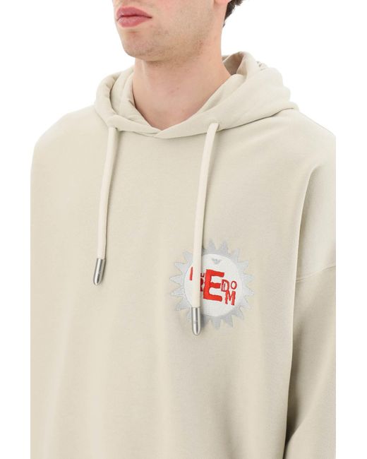 Emporio Armani White Logo Patch Drawstring Hoodie for men