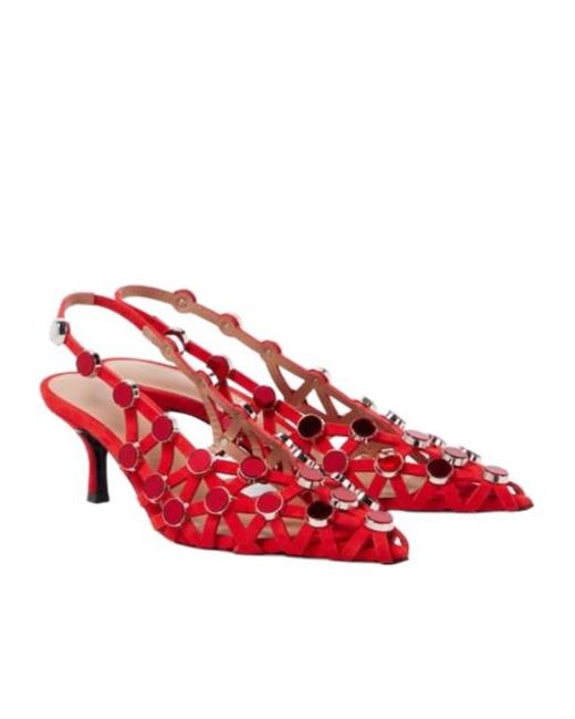 The Attico Red Grid 50 Embellished Leather Slingback High-Heeled Sandals