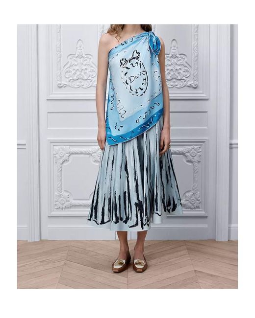 Dior Blue Iviera Asymmetrical Silk Top
