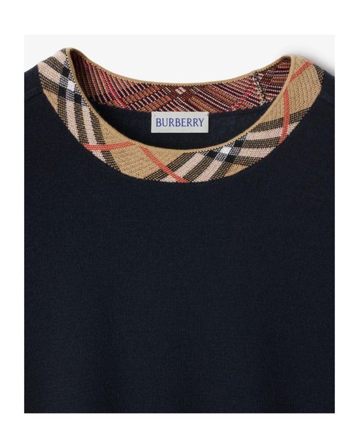Burberry Blue Checked-Trim Ribbed-Knit Jumper for men