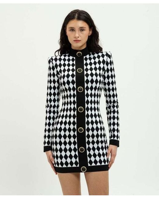 Balmain White Diamond-Pattern Mini Dress