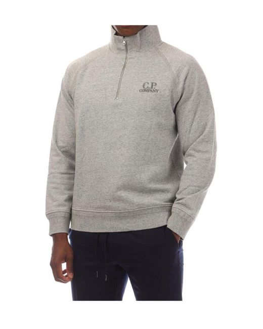 C P Company Gray Diagonal Raised Fleece Half Zip Logo Sweatshirt for men