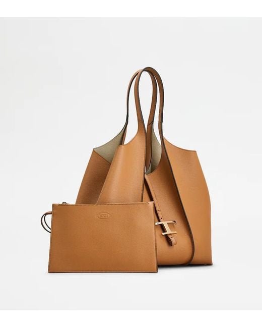Tod's Brown T Timeless Open-Top Medium Tote Bag