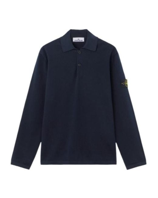 Stone Island Blue Long-Sleeved Knitted Polo Shirt for men