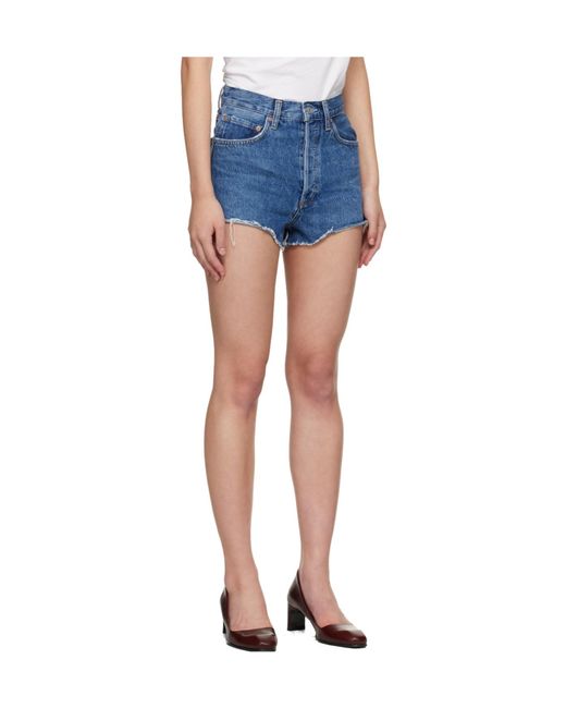 Agolde Blue Frayed Hem Denim Shorts