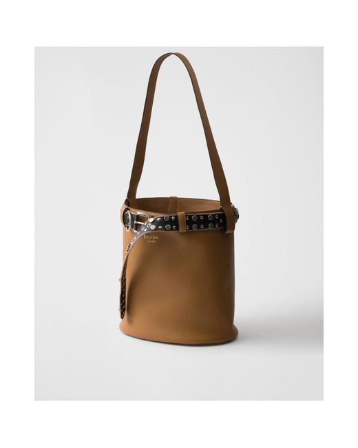Prada Brown Buckle Leather Bucket Bag With Studded Belt