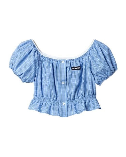 Miu Miu Blue Checked Poplin Cropped Top