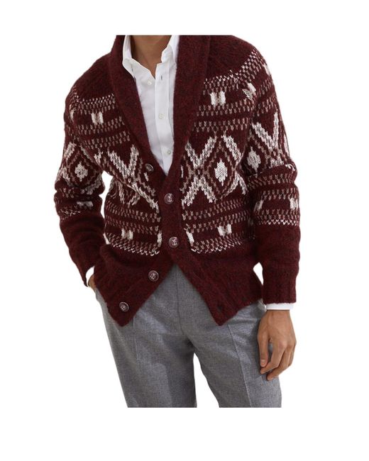 Brunello Cucinelli Red Patterned Shawl-Collar Cardigan for men