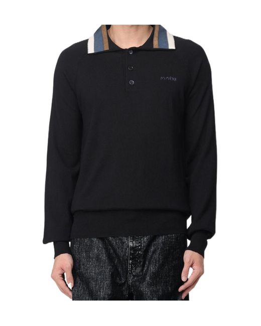 Marni Black Patchwork Gauge Polo Shirt for men