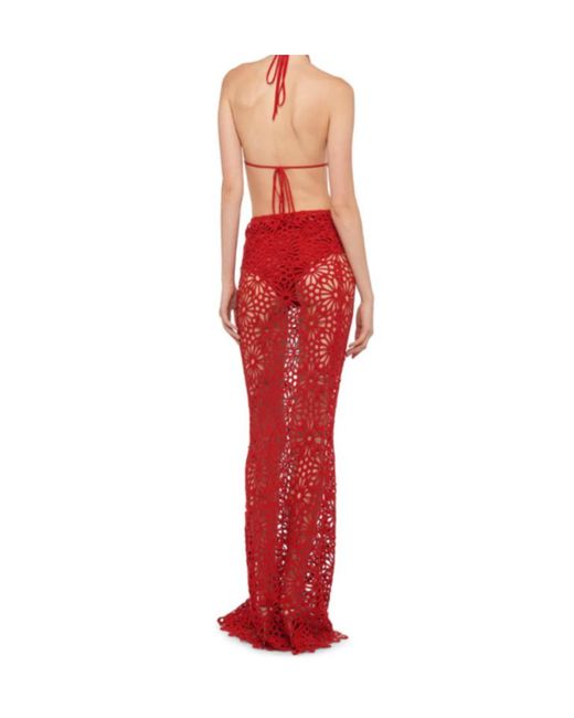 Norma Kamali Red Floral-Lace Skirt