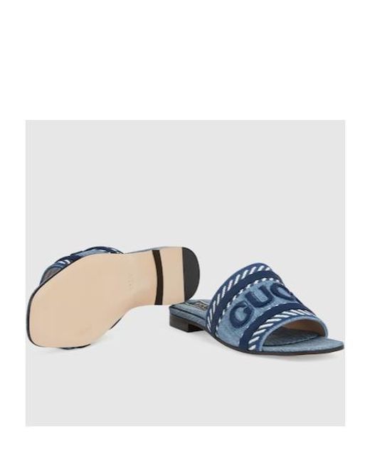 Gucci Blue Script Block Heel Sandals