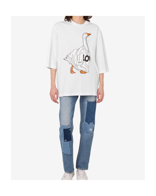Moschino White Goose Printed Oversized T-Shirt