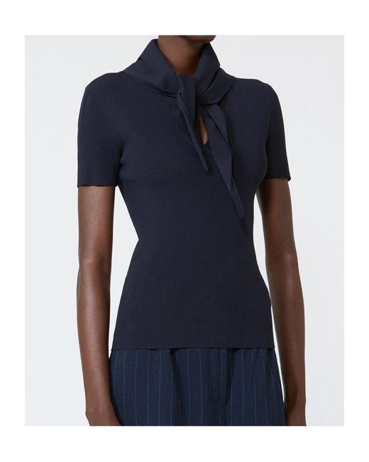 Max Mara Blue Ribbed-Knit Tie-Detail Short-Sleeve Sweater