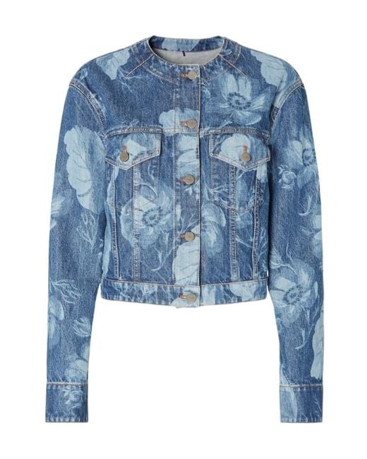 Fendi Blue Floral Printed Cropped Crewneck Denim Jacket