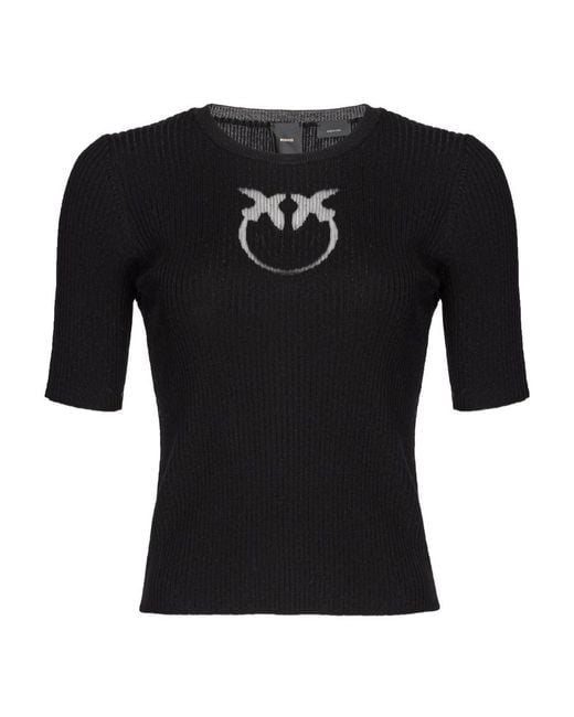 Pinko Black Intarsia-Knit Logo Ribbed-Knit Top