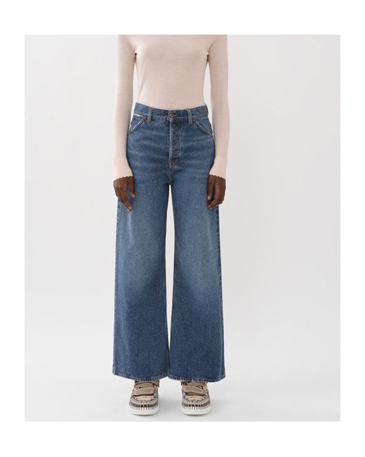 Chloé Blue Chloé Logo Embroidered Wide-Leg Jeans