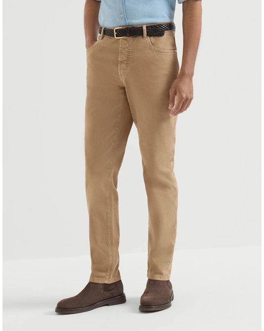 Brunello Cucinelli Brown Garment-Dyed Comfort Lightweight Denim Traditional Fit Five-Pocket Trousers for men