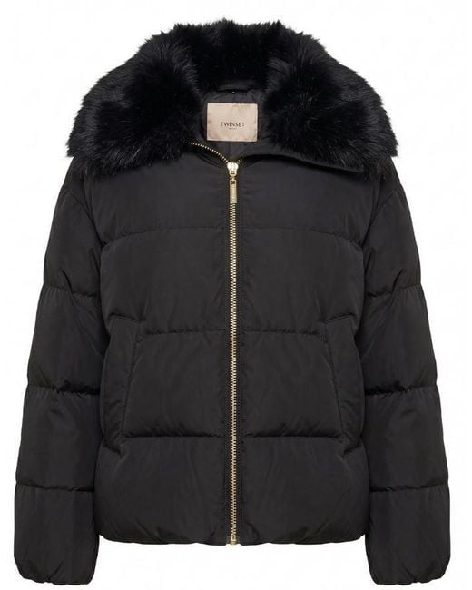 Twinset Black Faux Fur-Collar Zip-Up Puffer Jacket