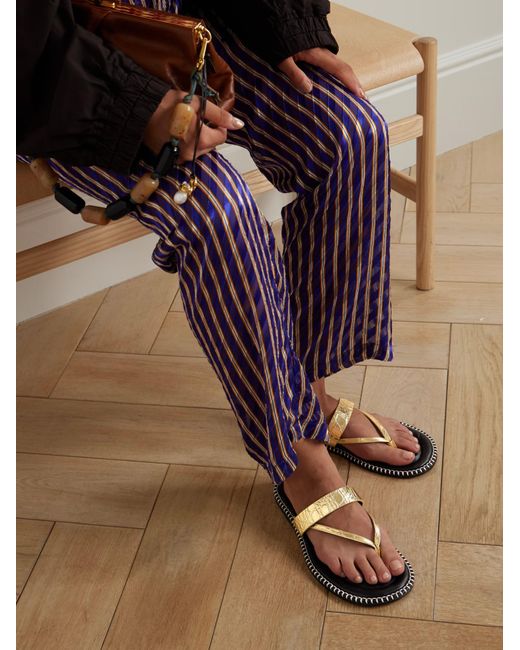 Dries Van Noten Metallic Triple-Strap Flip-Flops