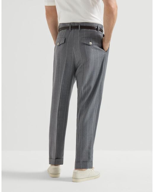 Brunello Cucinelli Gray Virgin Wool Chalk Stripe Trousers With Double Pleats for men