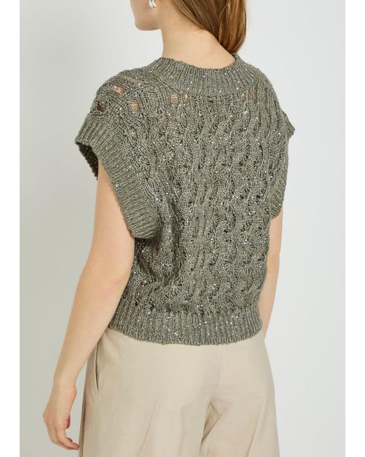 Brunello Cucinelli Green Sequin V-Neck Knit Vest