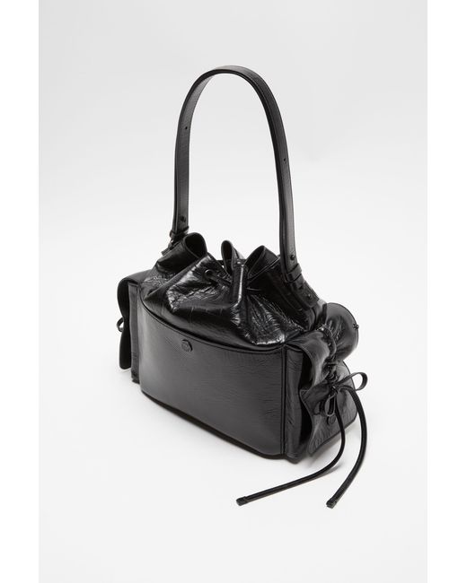 Acne Black Drawstring Ruffled Leather Shoulder Bag