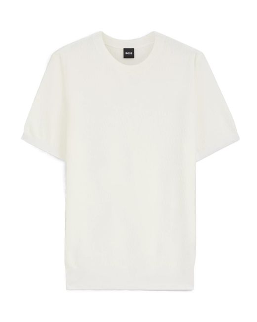 Boss White Short-Sleeved Sweater With Knitted Structure for men