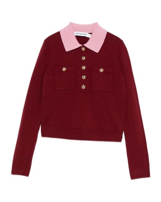 Self-Portrait Red Contrast Collar Knit Top