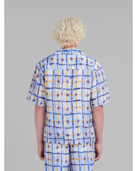 Marni Blue Light Habotai Silk Bowling Shirt With Saraband Print for men