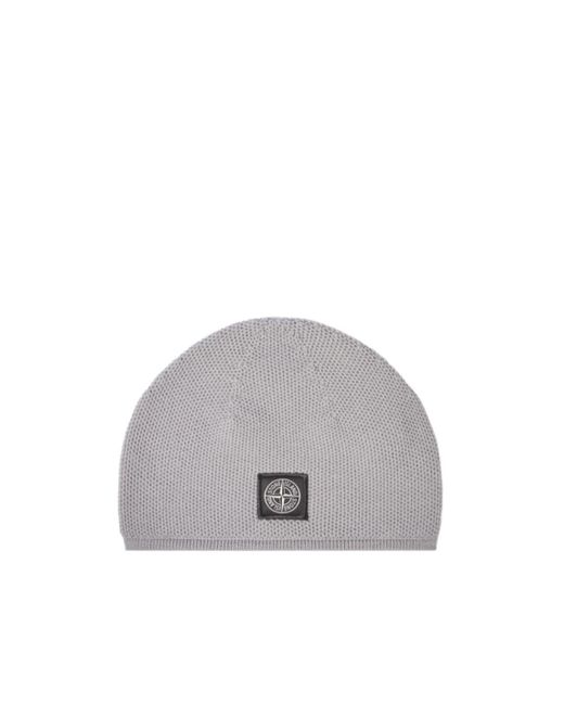 Stone Island Gray Beanie With Compass Patch And Ribbed Trim