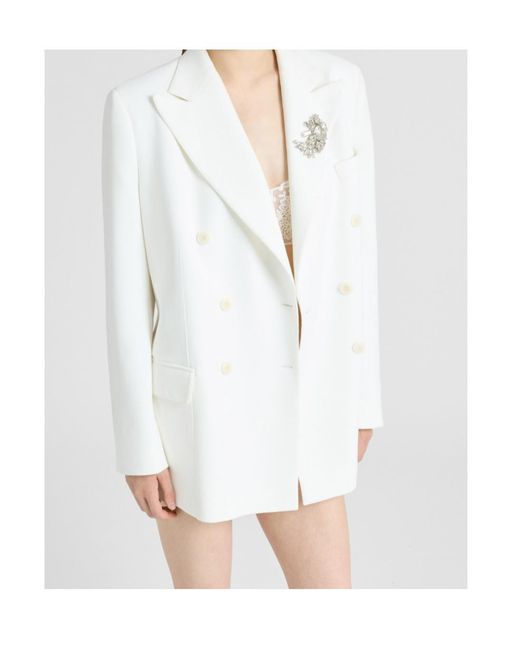 Ermanno Scervino White Double-Breasted Cadì Viscose Jacket With Daisy Brooch