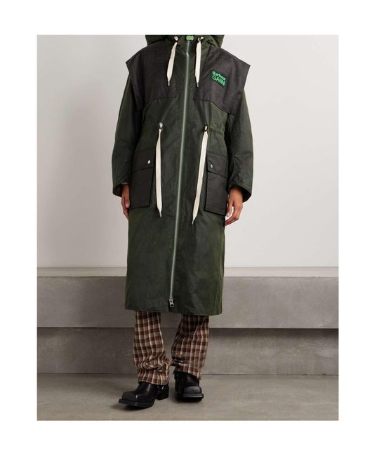 Barbour Black Ganni Hooded Checked Waxed-Organic Cotton Jacket