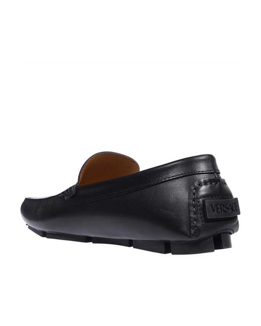 Versace Black Studded Greca Leather Loafers for men