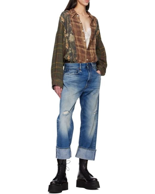 R13 Blue Cuffed X-Boyfriend Distressed Mid-Rise Wide-Leg Jeans