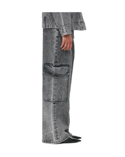 Ganni Gray Logo Patch Wide Leg Cargo Jeans