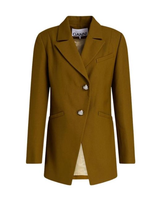Ganni Green Single-Breasted Blazer