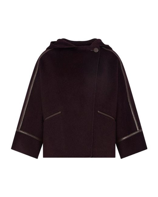 Yves Salomon Purple Hooded Leather-Trimmed Jacket