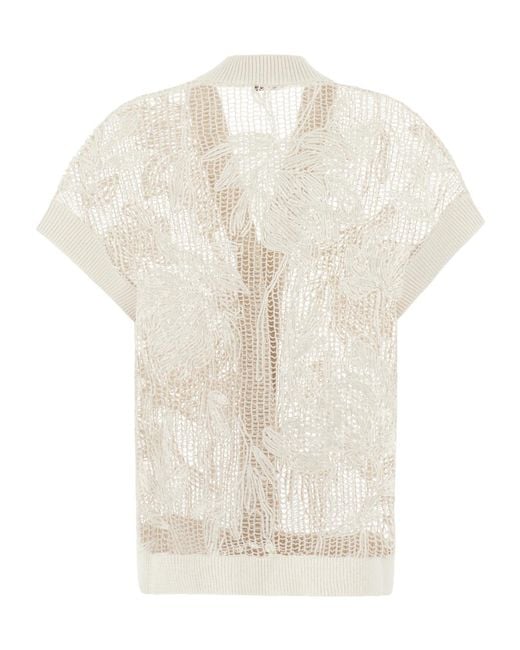 Brunello Cucinelli White V-Neck Knitted Jumper