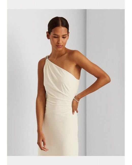 Ralph Lauren White Lauren One-Shoulder Embellished Maxi Dress